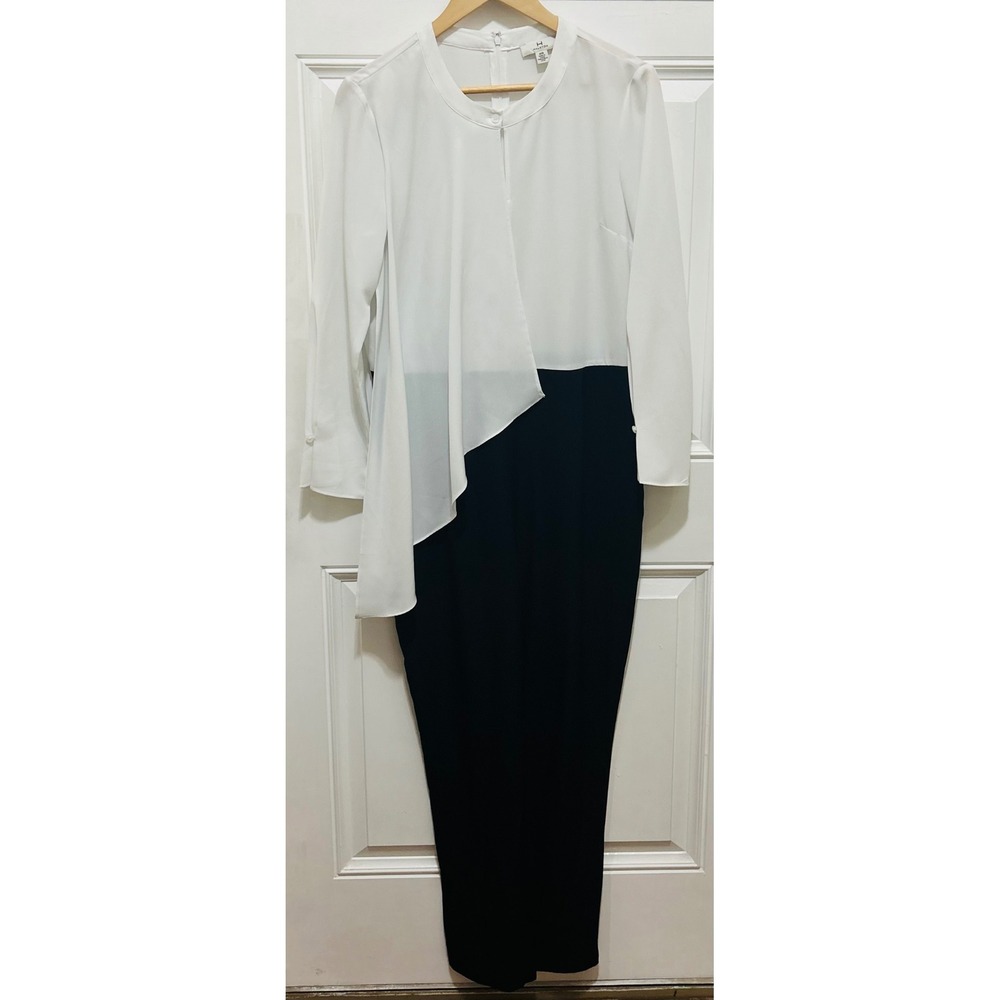 HALSTON Black White Asymmetrical Overlay‎ Jumpsuit Womens M Wide Leg